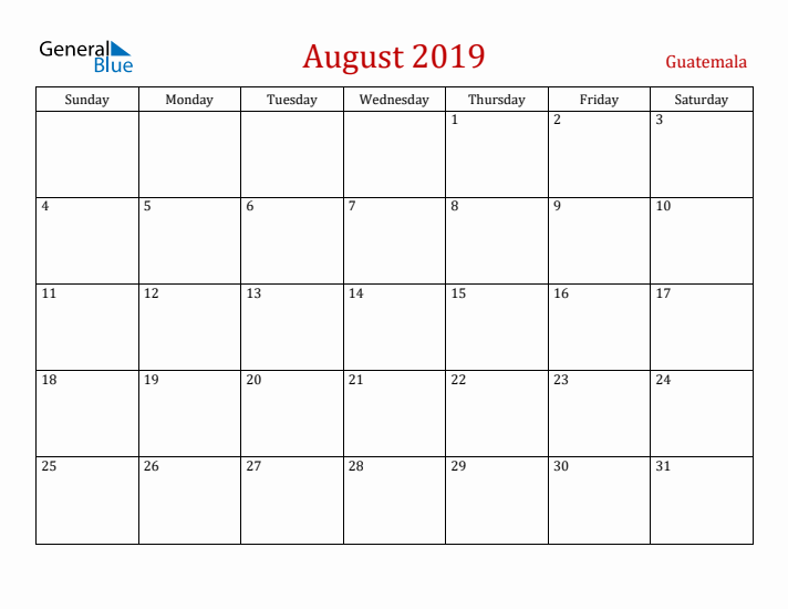 Guatemala August 2019 Calendar - Sunday Start
