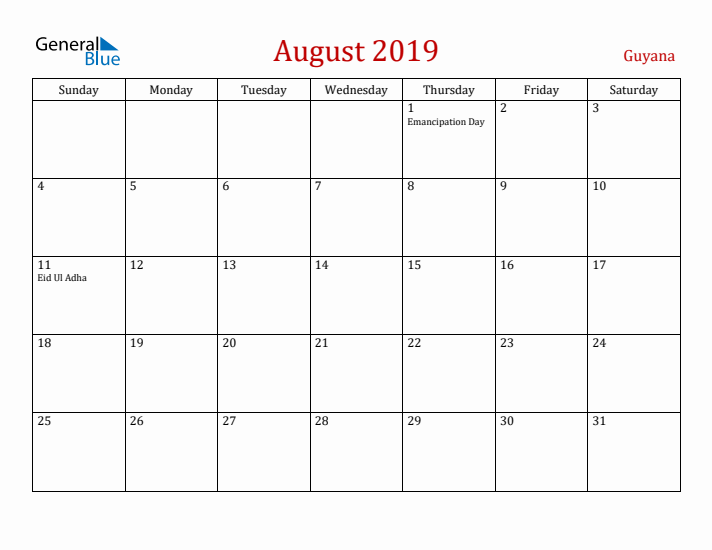 Guyana August 2019 Calendar - Sunday Start