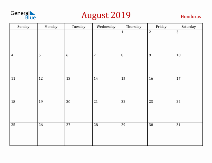 Honduras August 2019 Calendar - Sunday Start