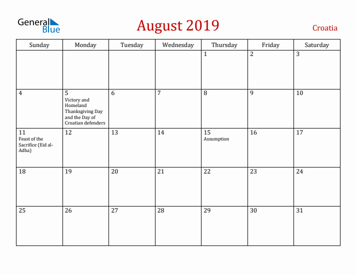 Croatia August 2019 Calendar - Sunday Start