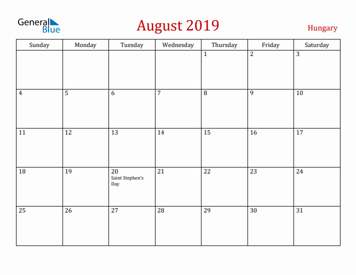 Hungary August 2019 Calendar - Sunday Start