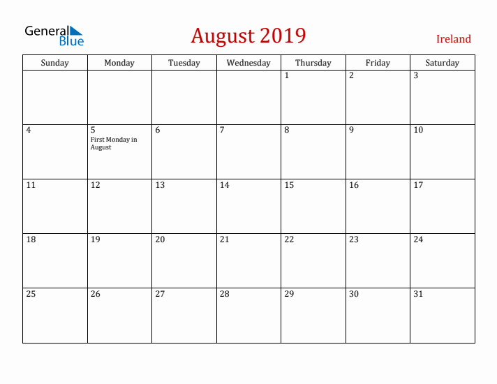 Ireland August 2019 Calendar - Sunday Start