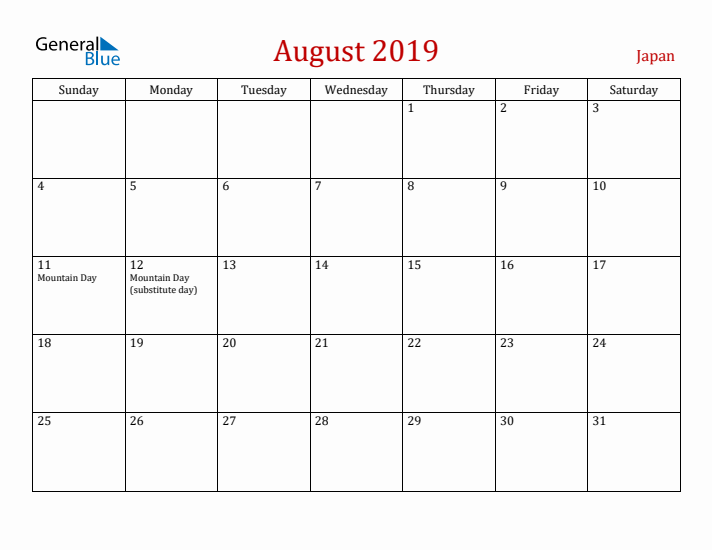 Japan August 2019 Calendar - Sunday Start
