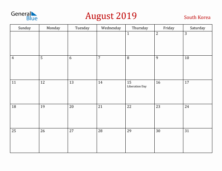 South Korea August 2019 Calendar - Sunday Start