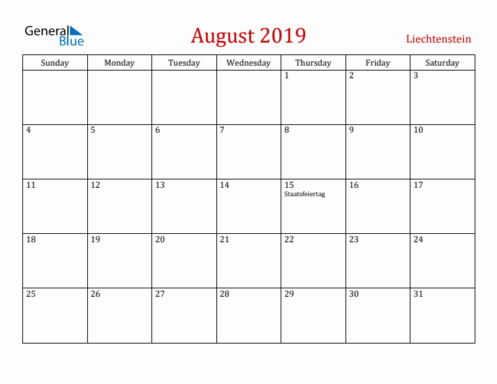 Liechtenstein August 2019 Calendar - Sunday Start