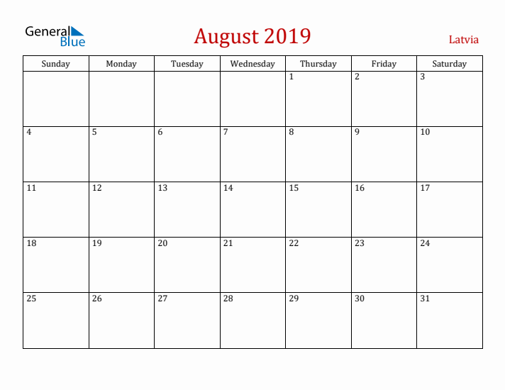 Latvia August 2019 Calendar - Sunday Start