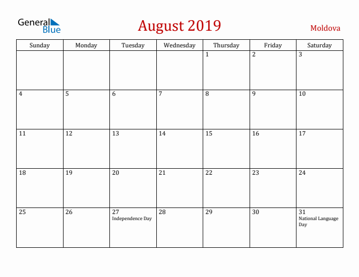 Moldova August 2019 Calendar - Sunday Start