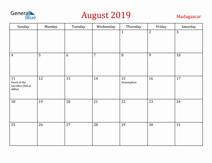 Madagascar August 2019 Calendar - Sunday Start