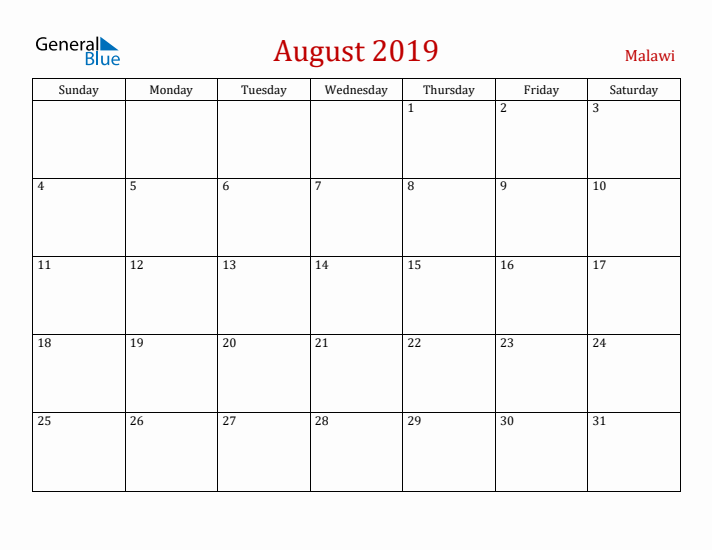 Malawi August 2019 Calendar - Sunday Start