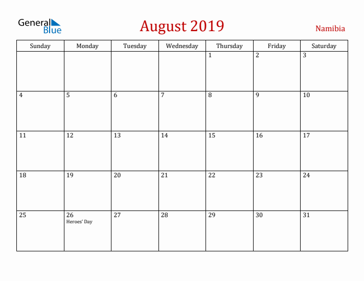 Namibia August 2019 Calendar - Sunday Start