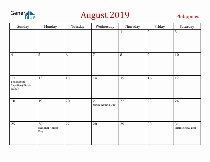 Philippines August 2019 Calendar - Sunday Start