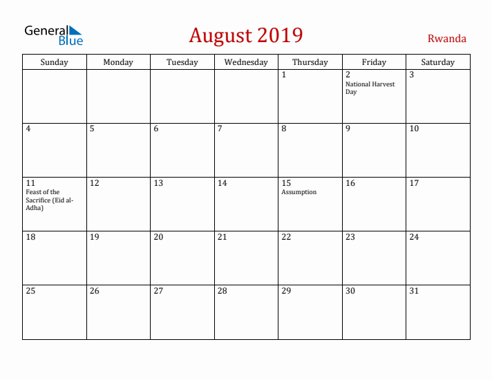 Rwanda August 2019 Calendar - Sunday Start