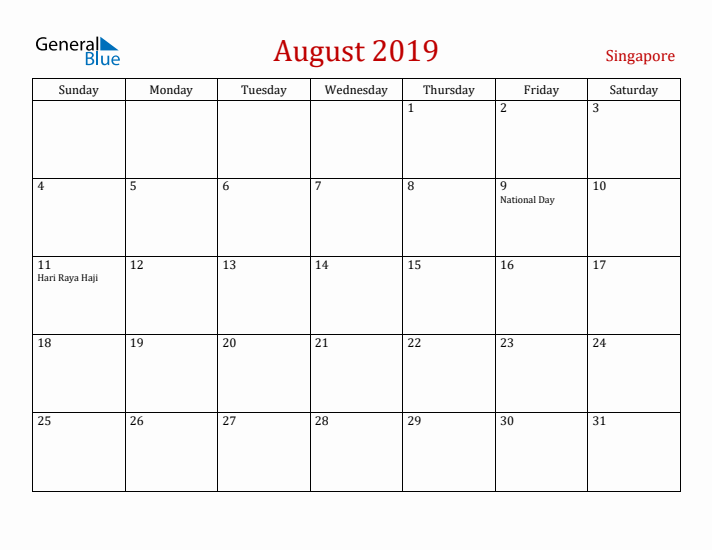 Singapore August 2019 Calendar - Sunday Start