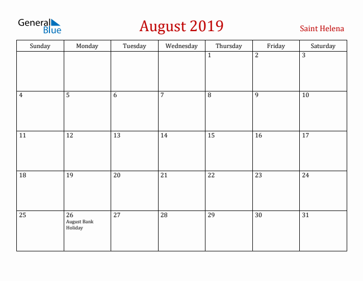 Saint Helena August 2019 Calendar - Sunday Start