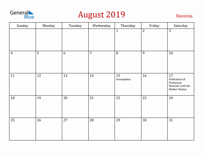 Slovenia August 2019 Calendar - Sunday Start