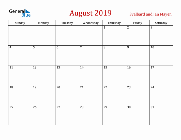 Svalbard and Jan Mayen August 2019 Calendar - Sunday Start