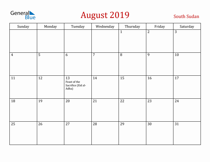 South Sudan August 2019 Calendar - Sunday Start