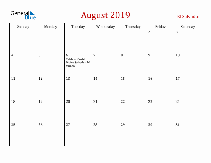 El Salvador August 2019 Calendar - Sunday Start
