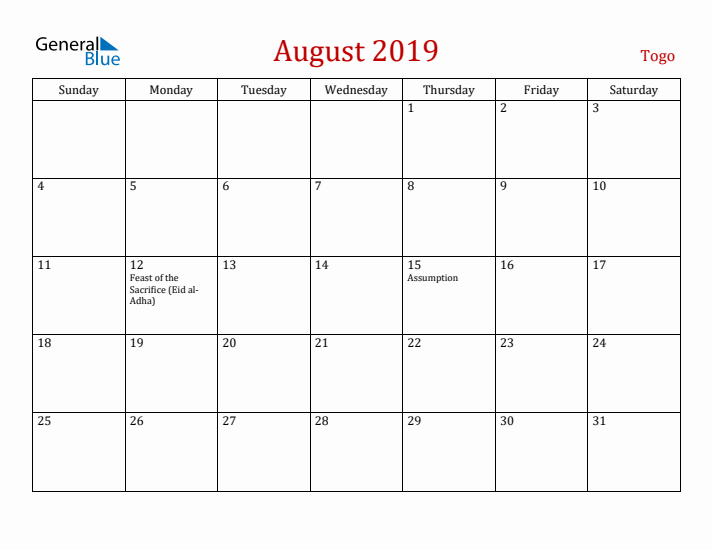 Togo August 2019 Calendar - Sunday Start