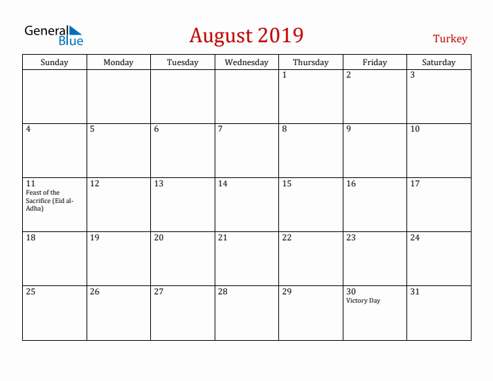 Turkey August 2019 Calendar - Sunday Start