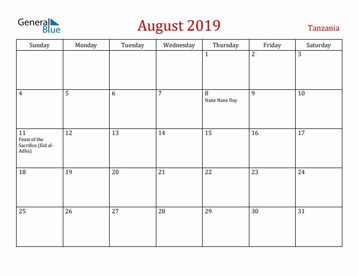 Tanzania August 2019 Calendar - Sunday Start