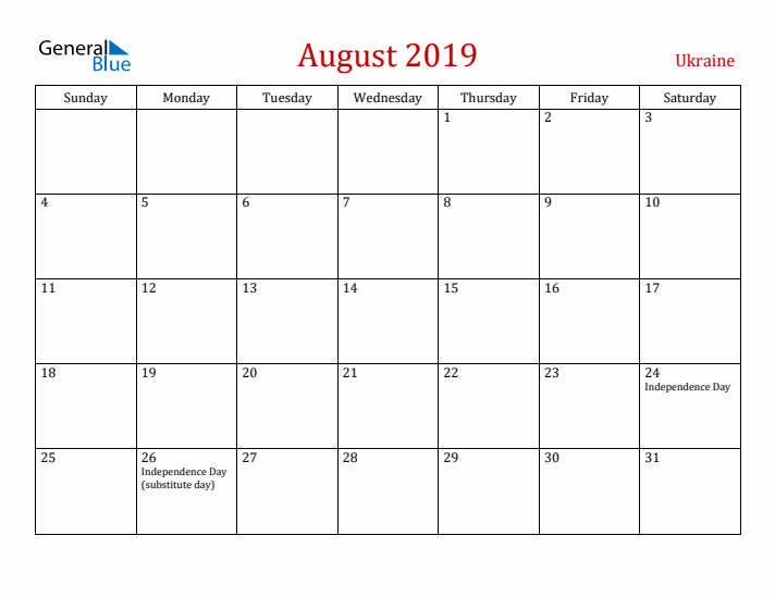 Ukraine August 2019 Calendar - Sunday Start