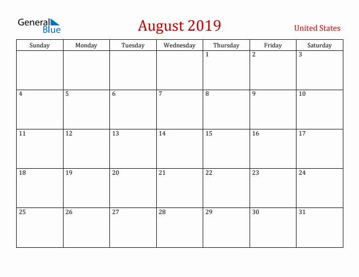 United States August 2019 Calendar - Sunday Start
