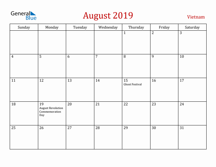 Vietnam August 2019 Calendar - Sunday Start