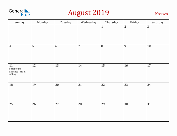 Kosovo August 2019 Calendar - Sunday Start