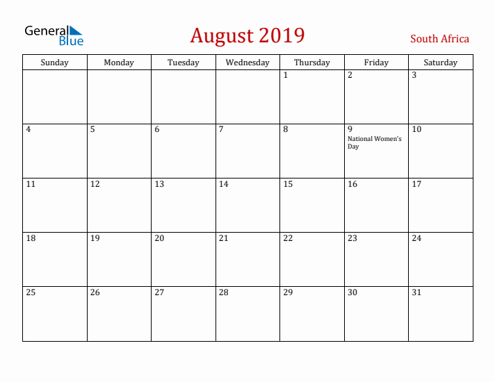 South Africa August 2019 Calendar - Sunday Start