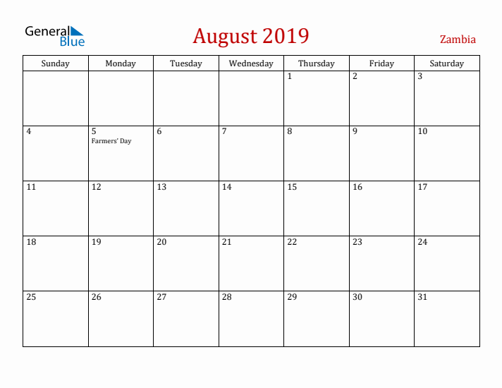 Zambia August 2019 Calendar - Sunday Start