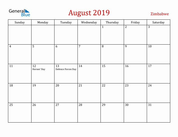 Zimbabwe August 2019 Calendar - Sunday Start