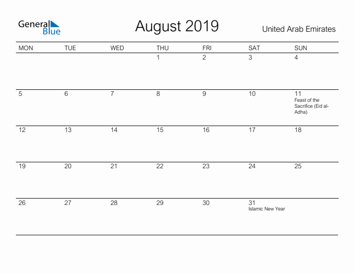 Printable August 2019 Calendar for United Arab Emirates