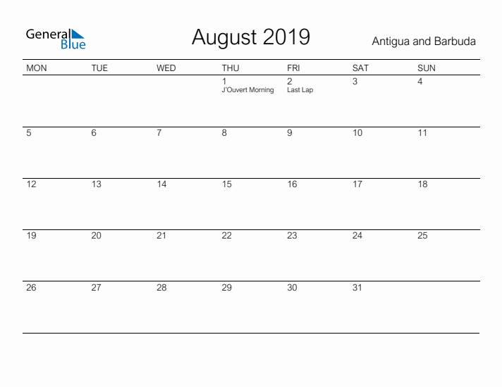 Printable August 2019 Calendar for Antigua and Barbuda