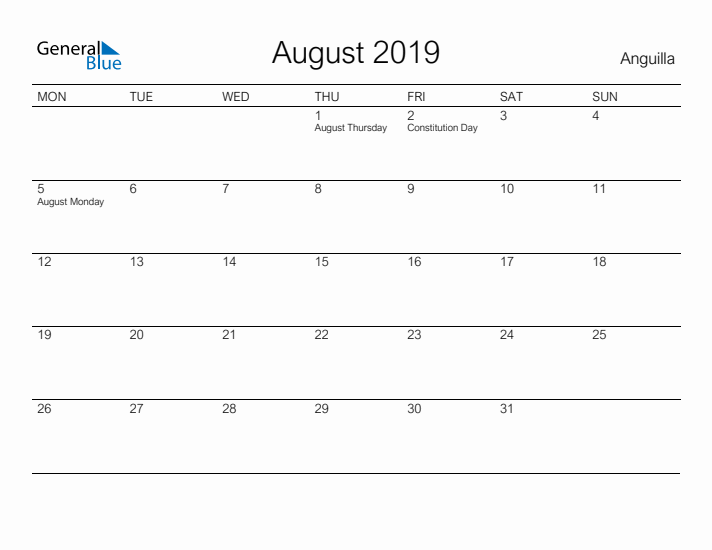 Printable August 2019 Calendar for Anguilla