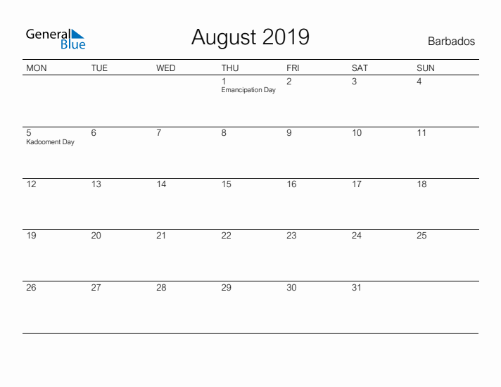 Printable August 2019 Calendar for Barbados