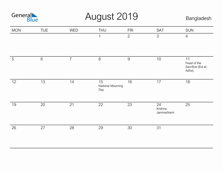 Printable August 2019 Calendar for Bangladesh