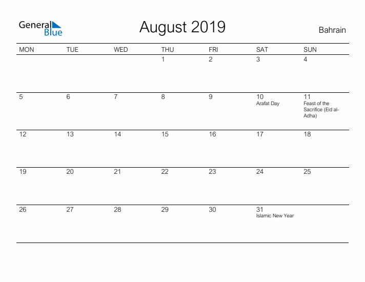 Printable August 2019 Calendar for Bahrain