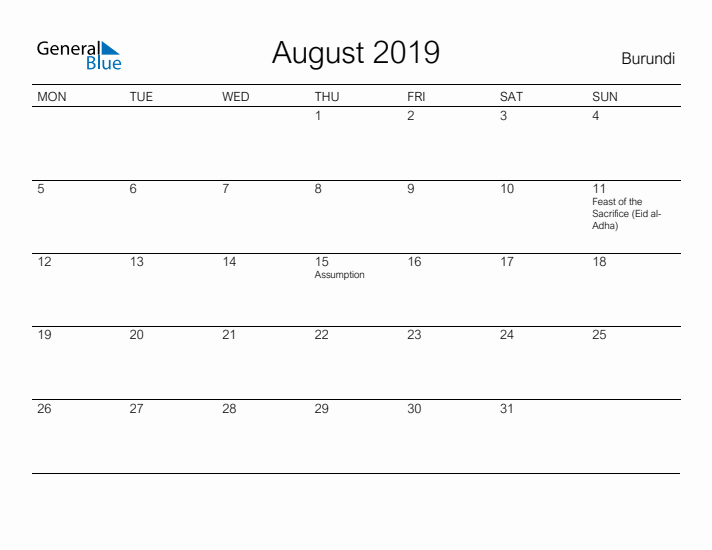 Printable August 2019 Calendar for Burundi
