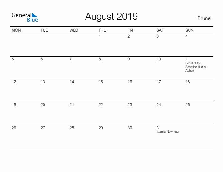 Printable August 2019 Calendar for Brunei