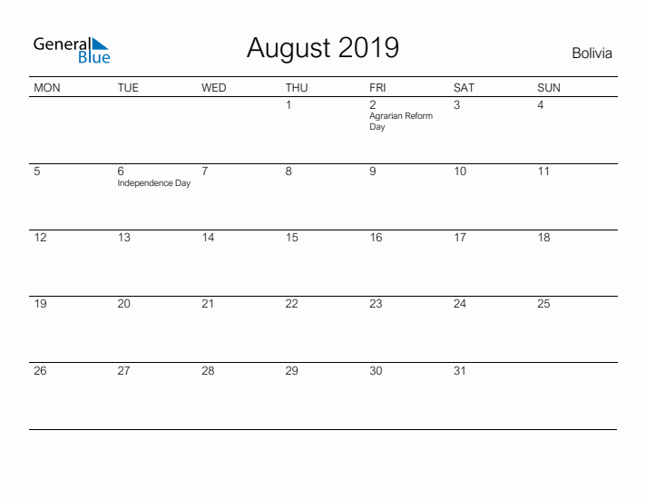 Printable August 2019 Calendar for Bolivia