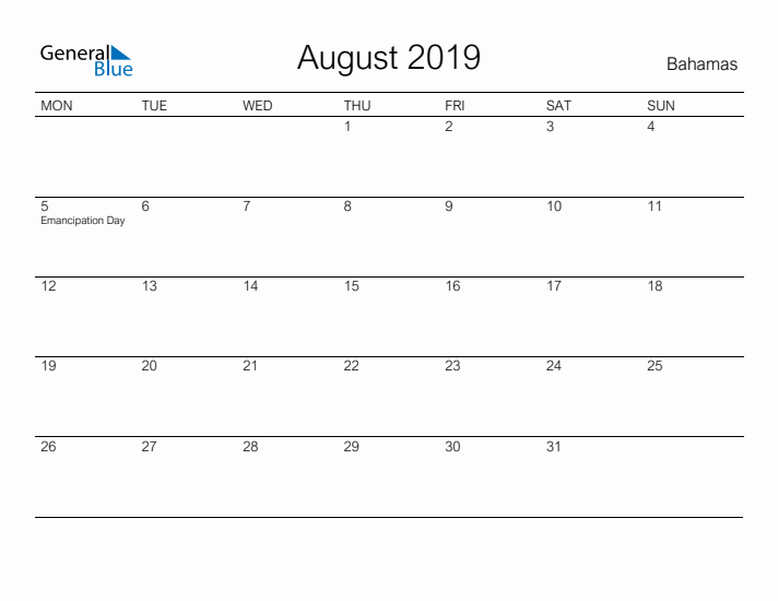 Printable August 2019 Calendar for Bahamas