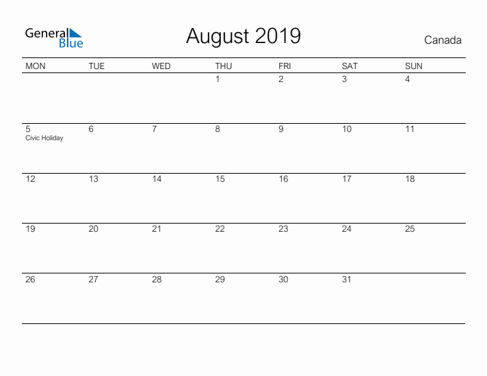 Printable August 2019 Calendar for Canada