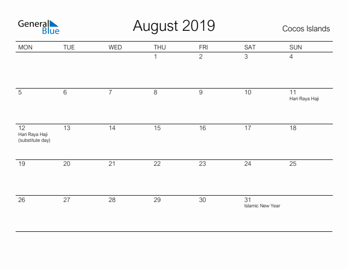 Printable August 2019 Calendar for Cocos Islands