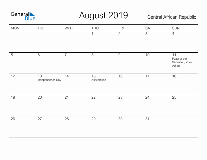 Printable August 2019 Calendar for Central African Republic