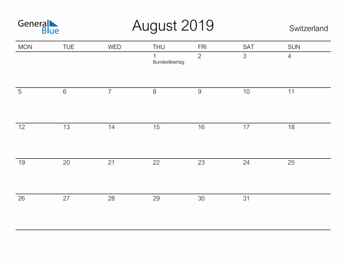 Printable August 2019 Calendar for Switzerland