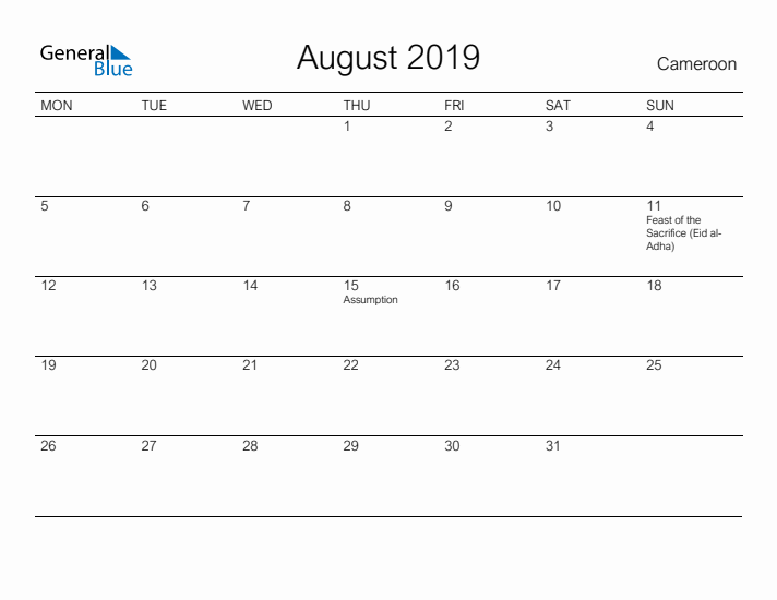 Printable August 2019 Calendar for Cameroon