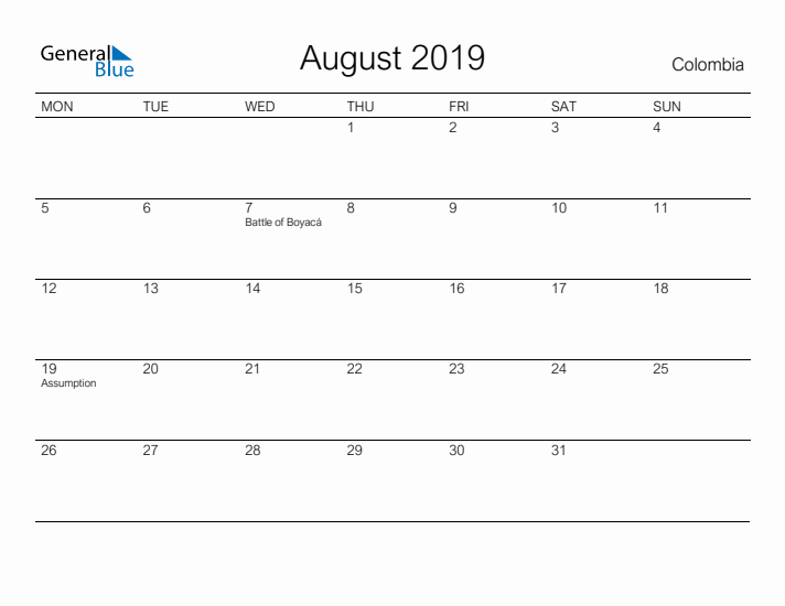 Printable August 2019 Calendar for Colombia