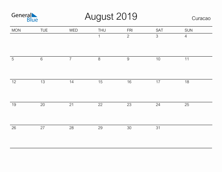 Printable August 2019 Calendar for Curacao
