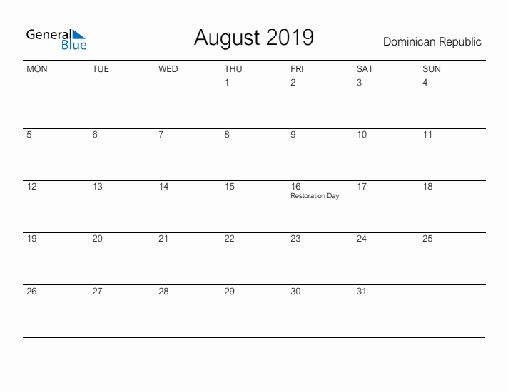 Printable August 2019 Calendar for Dominican Republic